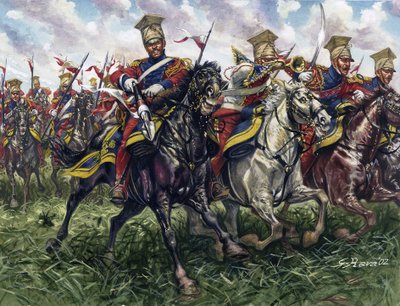 Första kejsardömet: det kejserliga gardets röda lansiärer eller regemente av hästlansiärer under slaget vid Waterloo den 18/06/1815 - Första kejsardömet: det kejserliga gardets andra regemente av lätta kavallerilansiärer (röda lansiärerna eller röda lansiä av Giuseppe Rava