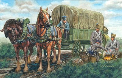 Första imperiet: vagnen som bär maten från det franska regementet - Första imperiet: Fransk vagn för transport av mat - Illustration av Giuseppe Rava av Giuseppe Rava