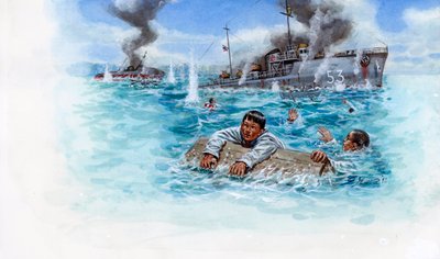 Fransk-thailändska kriget (1940-1941): sjöslag mellan den thailändska armén under general Plaek Pibulsonggram dit Phibun och den franska armén under Vichy-regeringen i Indokina - Fransk-thailändska kriget: sjöslag mellan Thailand och Vichy-Frankrike - Illu av Giuseppe Rava
