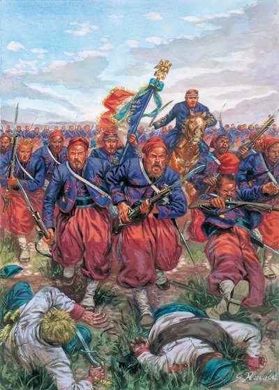 Italienska fälttåget 1859 (andra italienska självständighetskriget): anfall av Zouaves från Napoleon III:s franska armé under slaget vid Solferino den 24/06/1859 - Andra italienska självständighetskriget (fransk-österrikiska kriget, austro-sardinska kriget av Giuseppe Rava