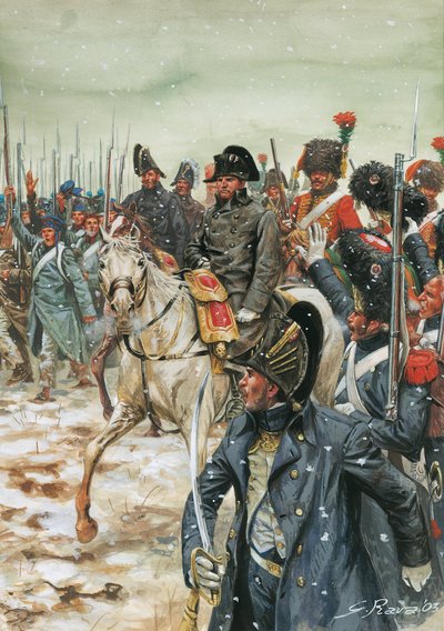 Länge leve kejsaren! Kejsar Napoleon I (1769-1821) en häst omringar hans armé under det franska fälttåget i januari 1814" - Sjätte koalitionskriget, slag i Frankrike, kejsar Napoleon I omringad av sin armé under det franska fälttåget - Illustration av G av Giuseppe Rava