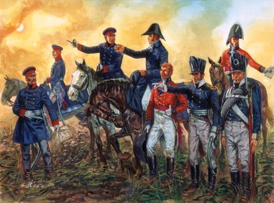 Napoleonkrigen: Arthur Wellesley, hertig av Wellington (1769-1852) för befäl över de brittiska trupperna och Gebhard Leberecht von Blucher (1742-1819) för befäl över den preussiska armén i slaget vid Waterloo 18/06/1815 - (Napoleonkrigen: befälhavare Herti av Giuseppe Rava
