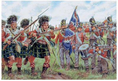 Napoleonkrigen: Skotska och brittiska soldater i slaget vid Waterloo den 18 juni 1815 Illustration av Giuseppe Rava av Giuseppe Rava