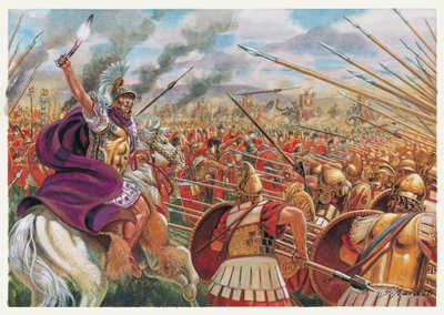 Roman Antiquite: slaget vid Ausculum (279 f.Kr.) mellan den romerska armén under ledning av Publius Decius Mus och de koaliserade trupperna från Epire, Taranto, Oscus och Samnites, under befäl av kungen av Epire Pyrrhus I - slaget vid Asculum (279 f.Kr.) m av Giuseppe Rava