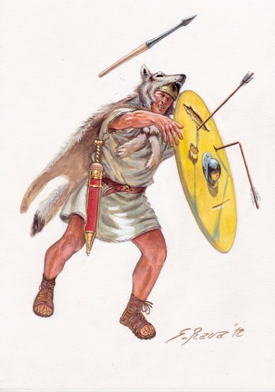 Romersk antik (republik): velite (lätt infanterist från de fattiga århundradena) i den romerska armén - velites från romerska republiken - Illustration av Giuseppe Rava av Giuseppe Rava
