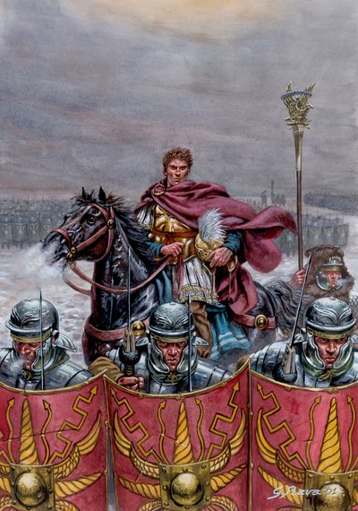 Romersk antikvitet: Romersk armé nära Hadrianus mur i Skottland, 2:a århundradet e Kr - Illustration av Giuseppe Rava av Giuseppe Rava