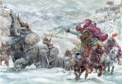 Romersk antikvitet: Hannibals elefanter under överfarten över Alperna - avbildning av elefanter som hjälpte den kartagiske generalen Hannibal (247-183 f.Kr.) att korsa Alperna 218 f.Kr. under det andra puniska kriget Illustration av Giuseppe Rava av Giuseppe Rava