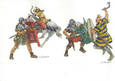 Romerska legionärer kämpar mot en parthisk ridande bågskytt och en frankisk krigare av Giuseppe Rava