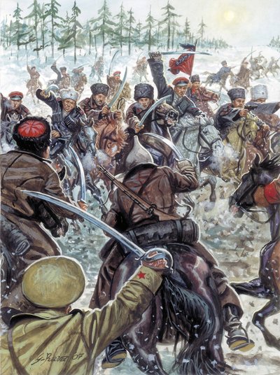 Ryska inbördeskriget (1917-1923): Kaukasiska soldater vid de vita arméernas sida 1919 - Ryska inbördeskriget: kosackerna kämpar mot den vitryska armén 1919 - Illustration av Giuseppe Rava av Giuseppe Rava