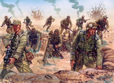 Andra världskriget, Nordafrikakampanjen: soldat i Deutsches Afrikakorps (Afrikakorps eller DAK), tyska expeditionskåren, i den libyska öknen av Giuseppe Rava