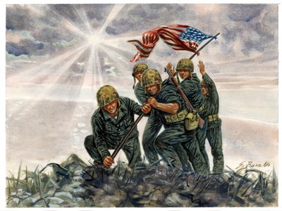 Andra världskriget, Stillahavskriget: Slaget vid Iwo Jima, amerikanska marinkårens seger i februari 1945 - Andra världskriget, Stillahavskriget: Slaget om Iwo Jima (Operation Detachment), den amerikanska marinkåren hissar den amerikanska flaggan, februari  av Giuseppe Rava