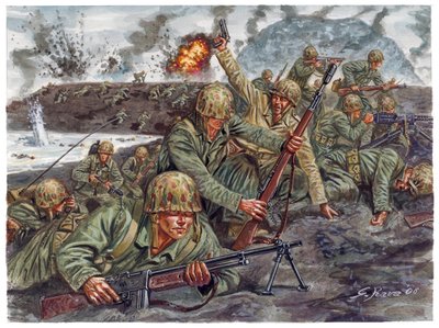 Andra världskriget, Stillahavskriget: landstigning den 19 februari 1945 av marinkårens amfibiekår under slaget om Iwo Jima i Japan - Andra världskriget, Stillahavskriget: Slaget om Iwo Jima (Operation Detachment), de amerikanska marinkårernas amfibielandni av Giuseppe Rava