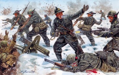 Andra världskriget, ryska fronten: Italienska alpina jägare i Ryssland i januari 1943 - Andra världskriget, ryska fronten: de italienska alpina jägarna i Ryssland, januari 1943 - Illustration av Giuseppe Rava av Giuseppe Rava