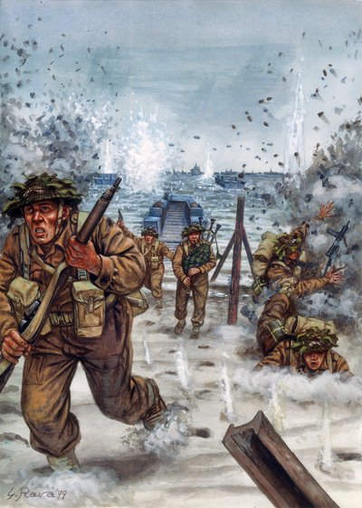 Andra världskriget: Skotska soldater under landstigningen i Normandie 6/06/1944 - Andra världskriget, D-dagen: Skotska soldater under landstigningen i Normandie den 6 juni 1944 - Illustration av Giuseppe Rava av Giuseppe Rava