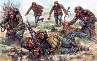 Andra världskriget: soldater i Sturmtruppen, ett elitförband i den tyska kejserliga armén, en av dem klipper taggtråd av Giuseppe Rava
