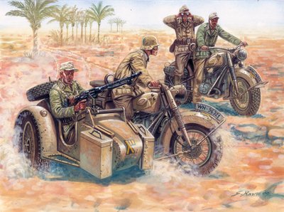 Andra världskriget: Deutsches Afrikakorps (DAK Afrika Korps) rullar i den libyska öknen i sidovagnar BMW av Giuseppe Rava