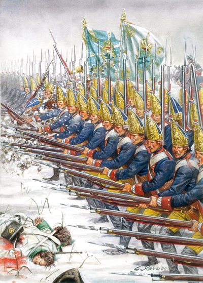 Sjuårskriget: Grenadjärer från den preussiska armén under slaget vid Leuthen, 05/12/1757 - Potsdamgardets parad vid Leuthen, 5 december 1757 under sjuårskriget - Illustration av Giuseppe Rava av Giuseppe Rava