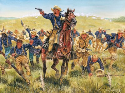 Spansk-amerikanska kriget eller Kubas självständighetskrig (1868-1898) mellan Spanien och Nordamerika: porträtt av den amerikanske soldaten och politikern Theodore Roosevelt (1858-1919) som anfaller med Rough riders på Kuba - Spansk-amerikanska kriget (Kub av Giuseppe Rava