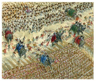 Slaget vid Hydaspes Alexander och Porus strider 327 f.Kr. - Alexander den store fortsätter sin erövring mot Indusdalen - Alexander den store mot kung Porus under slaget vid Hydaspes - Illustration av Giuseppe Rava av Giuseppe Rava