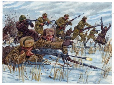 Andra världskriget: Ryska infanterisoldater avancerar på slagfältet - Andra världskriget: ryska infanterisoldater avancerar på slagfältet - Illustration av Giuseppe Rava av Giuseppe Rava