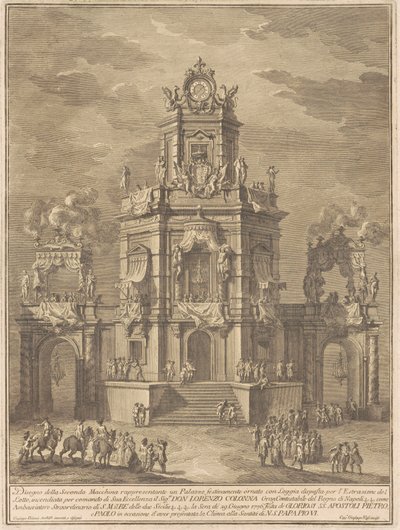 Seconda Macchina för Chinea 1776: Ett palats med en loggia för lotteridragningen av Giuseppe Vasi, after Giuseppe Palazzi