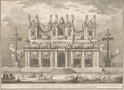 Seconda Macchina för Kina 1765: En dekorerad byggnad med Cockaigne-stolpar av Giuseppe Vasi, after Giuseppe Palazzi, after Paolo Posi