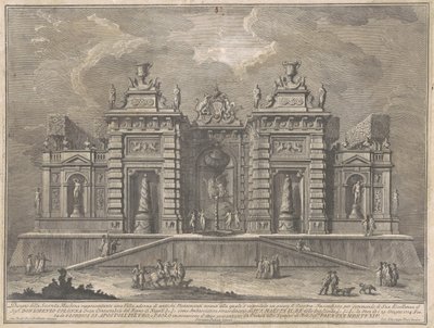 Seconda Macchina för Chinea 1774: En villa med antika monument och ett spel om "Giostra" av Giuseppe Vasi, after Giuseppe Palazzi, after Paolo Posi