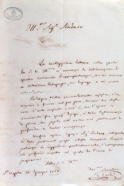 Handskrivet brev från Giuseppe Verdi till Bolognas borgmästare när han blev hedersmedborgare den 20 juni av Giuseppe Verdi