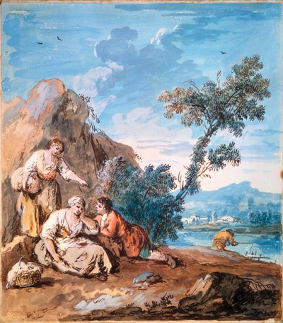 Tre bönder vilande på en flodstrand, c1750. av Giuseppe Zais