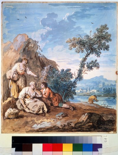 Tre bönder vilar på en flodstrand. Målning av Giuseppe Zais (1709-1784). Akvarell på papper, 29,5 x 26,2 cm, ca 1750. Venetiansk skola, italiensk målning 1700-tal. Pushkins konstmuseum, av Giuseppe Zais