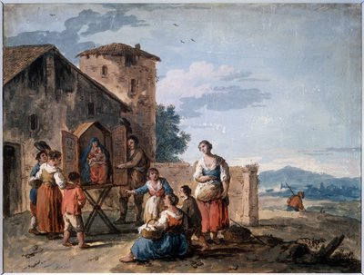 En grupp bönder framför tabernaklet med den stående Madonnastatyn. Teckning av Giuseppe Zais (1709-1784). Tempera och sepia på papper, 30,2 x 38 cm, cirka 1750. Venetian School of av Giuseppe Zais