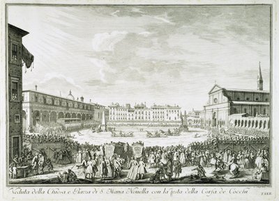 Högtiden för Corsa dei Cocchi på Piazza Santa Maria Novella. Corsa dei Cocchi-festen på torget vid kyrkan Santa Maria Novella i Florens. Teckning av Giuseppe Zocchi (1711-1767). Florens, Biblioteca Riccardiana. av Giuseppe Zocchi