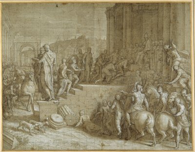 Legenden om sju kungar som hyllar en påve (penna och brunt bläck med tvätt och vit kroppsfärg på carta azzurra) av Giuseppe della Porta Salviati