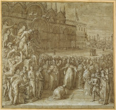 Försoningen mellan påven Alexander III och Fredrik Barbarossa, i närvaro av Doge Sebastiano Ziani (penna & brunt bläck med brun tvätt och höjning) av Giuseppe della Porta Salviati