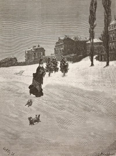 Det är kallt!, kvinna som går i snön, gravering från en målning av Giuseppe De Nittis, teckning av Montefusco, L