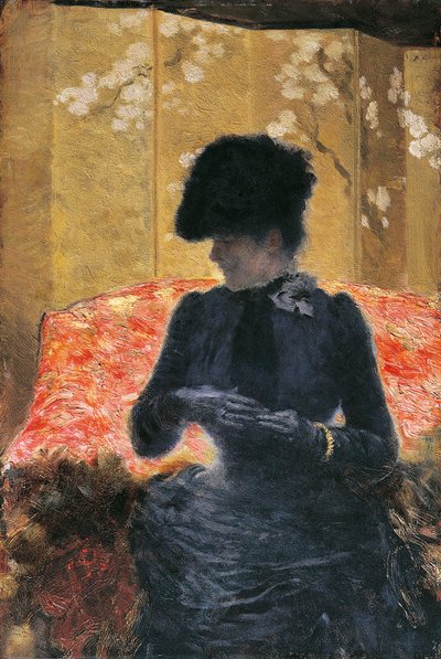 Kvinna på röd soffa av Giuseppe or Joseph de Nittis