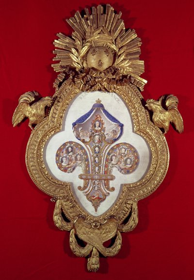 The Fleur de France, genealogiskt träd med tretton porträtt av Ludvig XV (1710-74) och hans ättlingar i en fleur-de-lys formad ram, 1765 (guld och emalj) av Glokeur de Surchamps