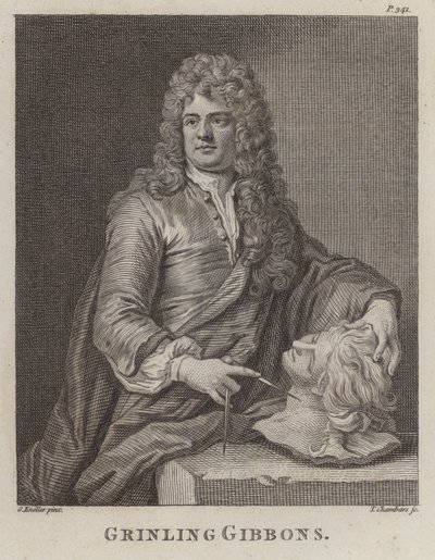 Grinling Gibbons, engelsk träsniderare och skulptör (gravyr) av Godfrey (after) Kneller