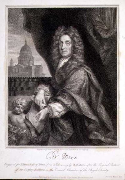 Porträtt av Christopher Wren graverad för Elmes "Life of Wren" av Godfrey (after) Kneller