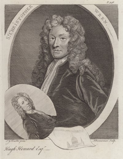 Sir Christopher Wren, engelsk arkitekt, och Hugh Howard, engelsk konstnär och samlare (gravyr) av Godfrey (after) Kneller