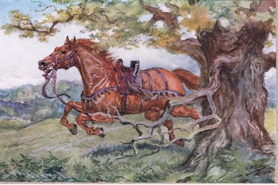 Unshriven: Tom sadel på ryggen, från Poems of Adam Lindsay Gordon publicerad av T. N. Foulis, 1912 av Godfrey Douglas Giles