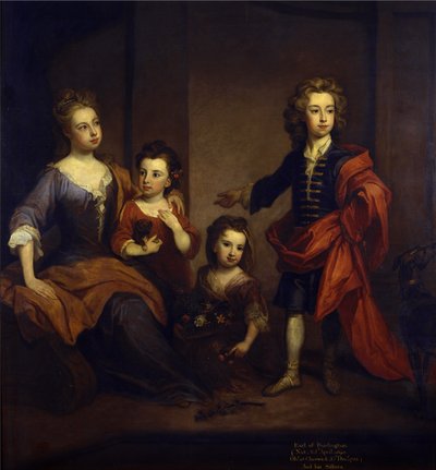 Porträtt av Richard Boyle, 3:e earl av Burlington, med sina tre systrar, Elizabeth, Juliana och Jane Boyle, ca 1700 (olja på duk) av Godfrey Kneller