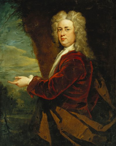 Porträtt av en gentleman, stående halvlängd, iklädd en röd sammetsjacka och en brun mantel i en park, av Godfrey Kneller