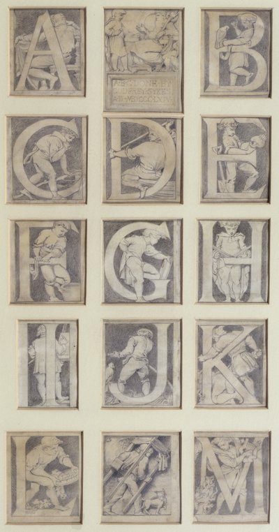 A-M, design för tretton bokstäver för alfabetet för South Kensington Museum, 1864 (penna och grå tvätt) av Godfrey Sykes