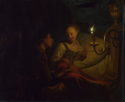 En scen med levande ljus. En man som erbjuder en guldkedja och mynt till en flicka som sitter på en säng, ca. 1665-1667 av Godfried Cornelisz Schalcken