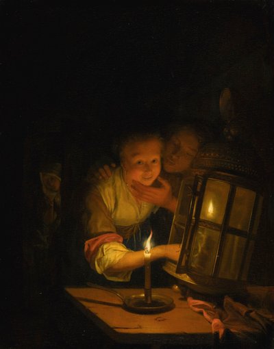 Ett förälskat par fångat i färd med att tända en lykta av Godfried Schalcken