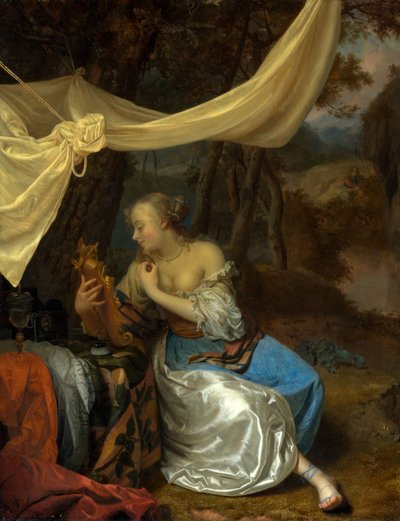 Dam med spegel under en baldakin i ett skogbevuxet landskap av Godfried Schalcken
