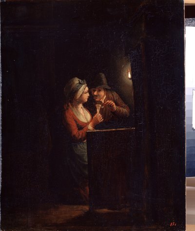 En man och en kvinna vid levande ljus. Målning av Godfried Cornelisz Schalcken (1643-1706). Olja på duk, 31 x 25 cm. Holländsk konst, barockkonst. State Open Air Museum Palace Gatchina, Sankt Petersburg. av Godfried Schalcken