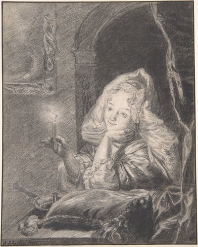 Ung kvinna sittande vid ett bord, hållande ett ljus av Godfried Schalcken