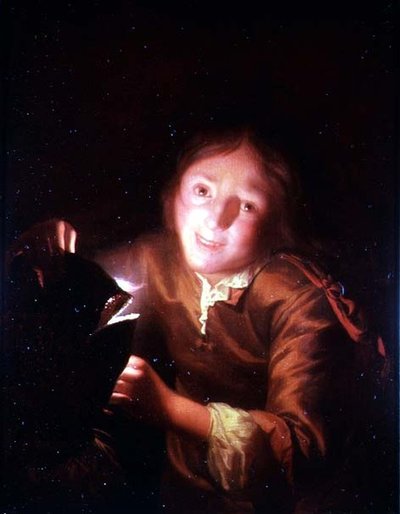 En ung pojke som håller ett ljus bakom en Halloween-mask av Godfried Schalcken